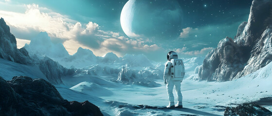 Wall Mural - astronaut standing on an icy alien planet with breathtaking landscape -