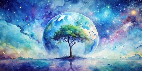 Wall Mural - a solitary tree stands on a tranquil shore, a vibrant planet mirroring its form in a serene cosmic l