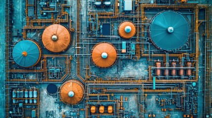 Aerial view of intricate refinery tanks and pipelines