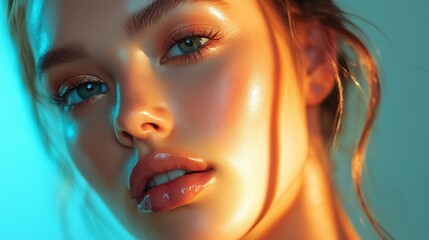 Aufkleber - Modern beauty portrait capturing a woman with radiant skin illuminated by artistic lighting in vibrant colors. Generative AI