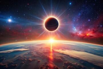 Wall Mural - A Celestial Alignment Planet Transits Sun, Casting an Ethereal Shadow Across a Swirling Cloud-Covered World