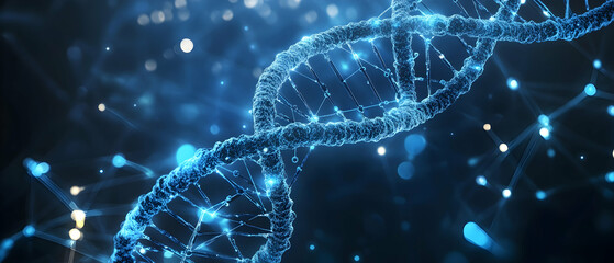 Wall Mural - blue background with a dna helix and digital network -