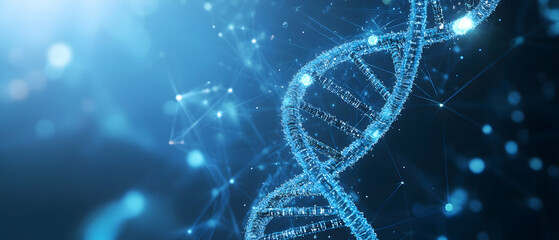 Wall Mural - blue background with a dna helix and digital network -
