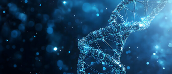 Wall Mural - blue background with a dna helix and digital network -