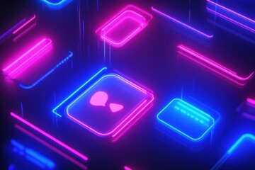 Fototapete - Floating message bubbles and glowing notifications in a vibrant social media chat interface at night. Generative AI