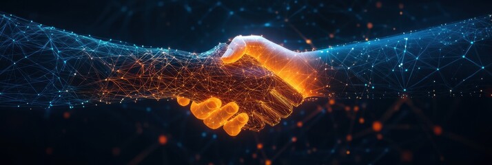 Wall Mural - Glowing handshake symbolizing business connection and collaboration in a digital environment. Generative AI