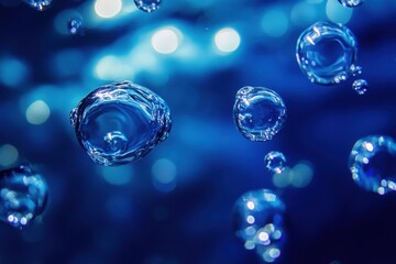 Aufkleber - Glowing gas bubbles float gracefully underwater in a vibrant, blue environment showcasing mesmerizing light patterns. Generative AI