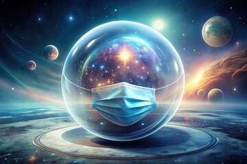 Wall Mural - a protective sphere enveloping a celestial universe with a face mask inside, representing the interc