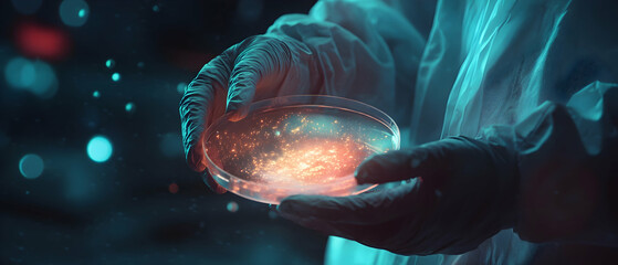 Wall Mural - close-up of a scientist holding a glowing petri dish -