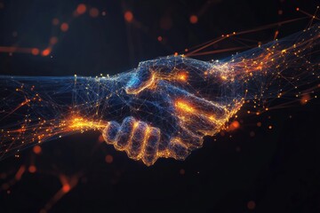 Leinwandbilder - Glowing handshake symbolizes partnership and business connections through intricate abstract lines and illumination. Generative AI
