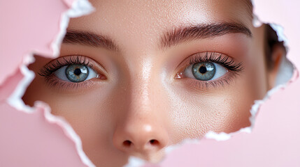 Poster - close up of woman face with blue eyes and natural makeup is seen through torn pink paper, creating artistic and contemporary fashion effect