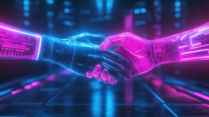 Fototapete - Digital avatars engage in metaverse social interaction through a handshake in a vibrant, futuristic virtual environment. Generative AI