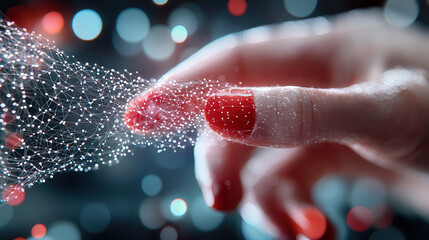 Leinwandbilder - hand with red nail polish interacts with digital network, symbolizing cybersecurity in global finance and secure online transactions. image conveys sense of technology and connectivity