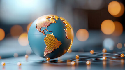 Poster - digital globe with glowing continents represents global connectivity and international trade routes, highlighting concept of economic globalization