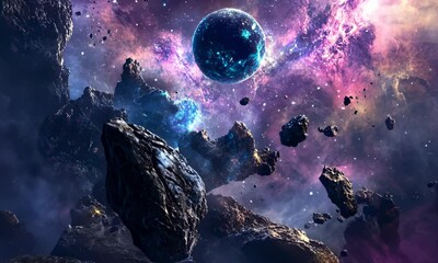 Wall Mural - cosmic outer space abyss with planets and asteroids surrounding it, abstract galaxy landscape, profe