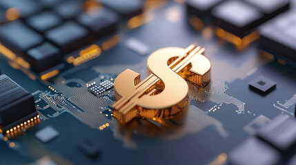 Fototapete - golden dollar sign sits prominently on high tech circuit board, symbolizing futuristic finance and digital currency. image conveys sense of innovation and modern technology