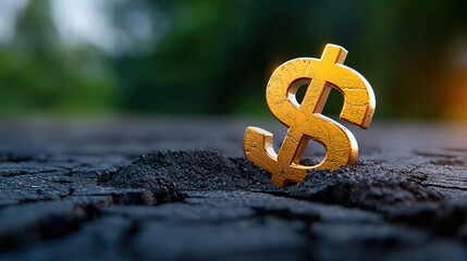Poster - giant gold dollar sign emerges from cracked ground, symbolizing economic growth and resilience