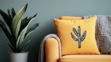 Wall Mural - A vibrant yellow couch adorned with a matching pillow, accompanied by a lush green plant, creating a cheerful and inviting atmosphere.