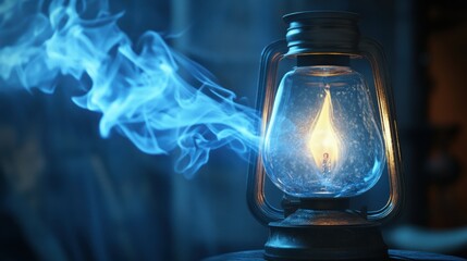Poster - Glowing gas lamp illuminates a dark room with soft blue smoke swirling around at night. Generative AI