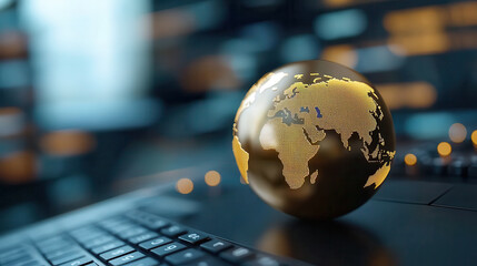 Fototapete - golden globe with digital map sits on keyboard, symbolizing global trade and interconnected financial markets. blurred background suggests modern, high tech environment