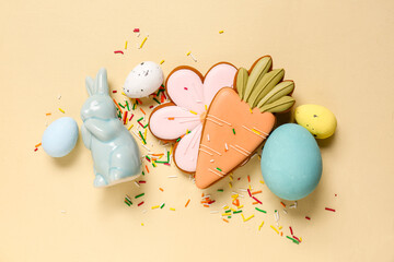 Canvas Print - Sprinkles, Easter eggs and different cookies on beige background