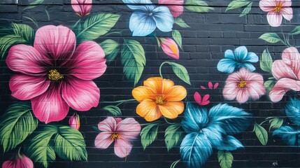 Sticker - Beautiful colorful painted floral design displayed on dark brick wall