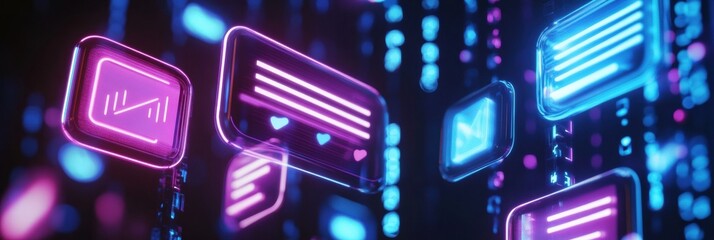 Fototapete - Floating message bubbles and glowing notifications create a vibrant social media chat atmosphere at night. Generative AI