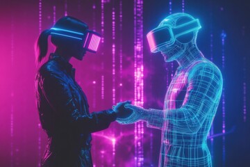 Aufkleber - Digital avatars engage in social interaction through handshake in immersive virtual environment. Generative AI