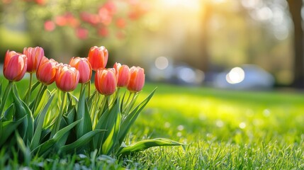 Wall Mural - A vibrant cluster of red tulips blooms amidst lush green grass, creating a striking contrast in this natural setting.