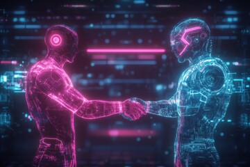 Aufkleber - Digital avatars engage in metaverse social interaction by shaking hands in a futuristic virtual environment. Generative AI