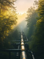 Poster - Natural gas infrastructure weaves through a misty forest promoting eco friendly energy solutions. Generative AI