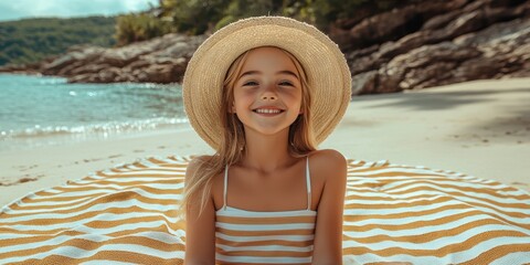 Wall Mural - A relaxed girl wearing a straw hat sits on a colorful beach towel, enjoying a sunny day by the shore with a serene ocean backdrop.