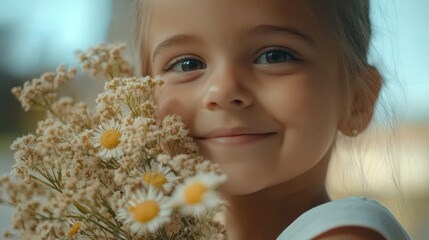 Wall Mural - A young girl joyfully holds a vibrant bunch of flowers, showcasing her delight and connection with nature in a bright and cheerful setting.