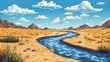 © Colour Graphics - Illustration of a river meandering through a dry zone under a bright blue sky with clouds. World rivers day