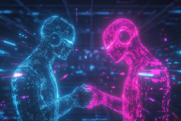 Fototapete - Digital avatars engage in handshake to symbolize metaverse social interactions in virtual space. Generative AI