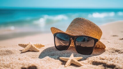 Wall Mural - A stylish hat and trendy sunglasses rest on the sandy beach, accompanied by vibrant starfish, capturing a perfect seaside moment.