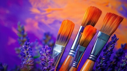 Sticker - Four paint brushes with lavender flowers in an artistic setting