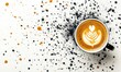 © Azril - Latte art coffee on white surface with black, orange splatters, top view, beverage ad