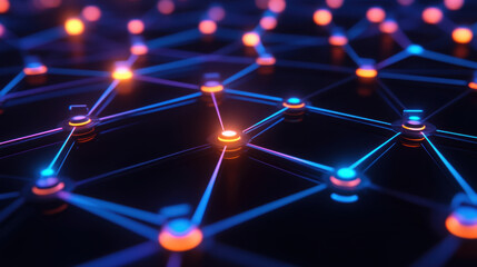 digital network map with glowing nodes and interconnected lines, representing technology and connectivity. vibrant colors create dynamic and engaging visual