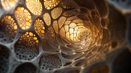 dive into cell resembling web of intricate patterns and textures, showcasing mesmerizing tunnel like structure illuminated from within, evoking sense of wonder and exploration