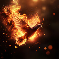 Wall Mural - fiery dove flying through dark cinematic background, surrounded by flames and glowing particles, sym