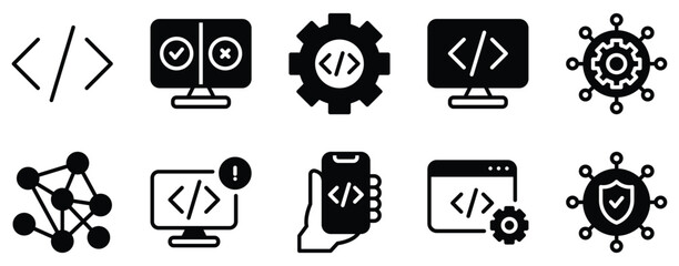 Coding Icon Set Technical Solid Style Collection for Programming and Development.