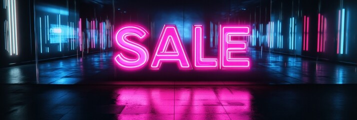 Aufkleber - Bright glowing sale sign in a modern, reflective space during a bustling shopping event. Generative AI