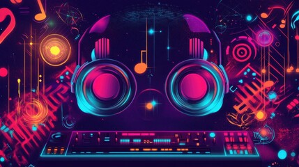 Wall Mural - vibrant abstract music theme with headphones and colorful elements