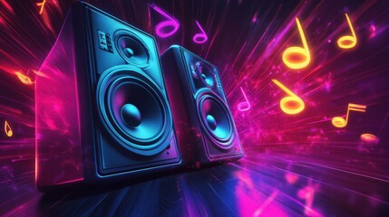 Wall Mural - dynamic sound system with colorful music notes and vibrant lights