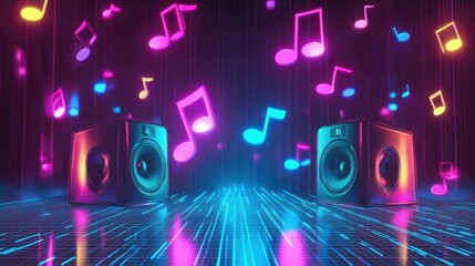 Wall Mural - colorful music visualization with speakers and floating notes