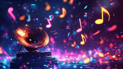 Wall Mural - colorful music notes and confetti with vintage gramophone