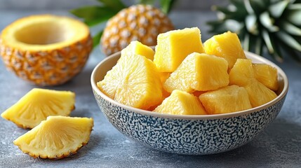 Wall Mural - A vibrant bowl filled with ripe pineapples, alongside a freshly cut half of a pineapple, showcasing its juicy interior and tropical allure.