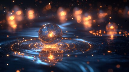 Wall Mural - Glowing Orb Floating on Water Surface Amidst Soft Sparkling Lights