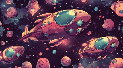 Wall Mural - colorful retro rockets flying through outer space with planets